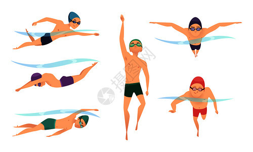游泳者运动中的各种动作扁平风卡通矢量插画图片