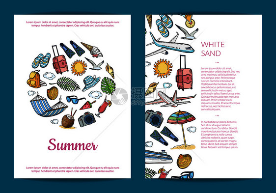 矢量手绘夏季旅行要素传单或小册子模板和海报图示图片