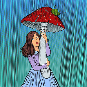 复古矢量插图藏在蘑菇下面的雨中女孩图片