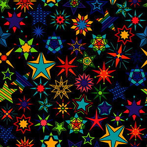 黄色和绿橙蓝恒星设置无缝模式矢量说明千叶镜恒星黑色背景图片