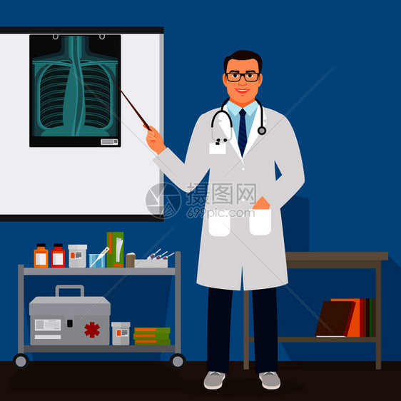 检查肺部X射线胶片矢量图的医学教授检查肺部X射线薄膜的医学教授图片