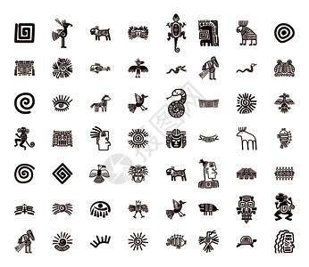 印第安人原始部落白色背景上组的棕色矢量部落符号褐色部落符号集插画