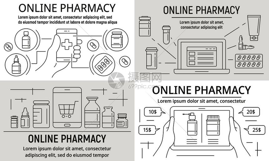 在线药房横幅设置概要设置在线药房矢量横幅为网页设计网上药店横幅设置轮廓样式图片