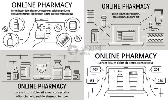 在线药房横幅设置概要设置在线药房矢量横幅为网页设计网上药店横幅设置轮廓样式图片