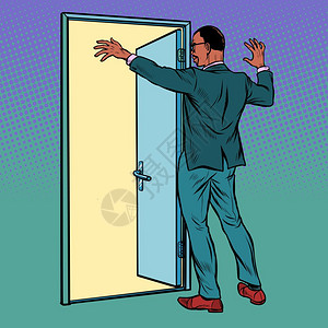 梦想城市欢迎姿势打开门的人插画