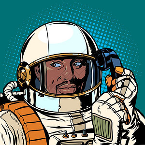 流行艺术回向矢量图画严重的非洲宇航员在回向电话上说图片