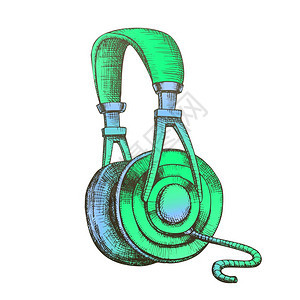 有色听音频设备彩色有线耳机墨水矢量电子设备配有听力工具音乐线的电子耳机在老式风格插图中绘制的有色听音机耳彩色听音设备有线耳机墨水图片