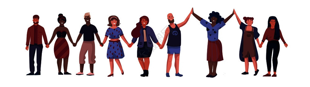 朋友人站在一起手牵漫画友情和团结概念矢量图快乐的平板男孩和女快乐的男和女图片