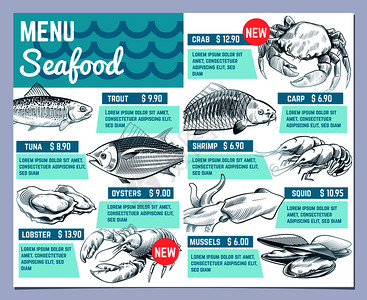 餐厅海报鱼虾和螃蟹海鲜插画