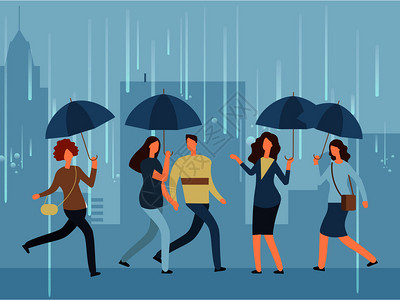 雨天带伞在街上行走的卡通人物图片