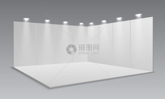 空白显示展台色空板促销广告台展示活动室3d模板矢量展览和框架带灯光插图的区域楼层图片
