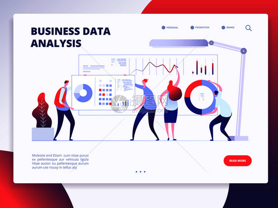下载页面模板数字营销分析员与卡通人物一起的营销商务网站矢量设计分析商业数据图着陆页面模板图片