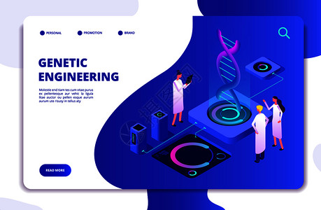 dna纳米技术生物化学和人类基因组工程分子生物学3d矢量着陆页工程遗传学基因组结构染色体等量图遗传概念纳米技术生物化学和人类基因插画