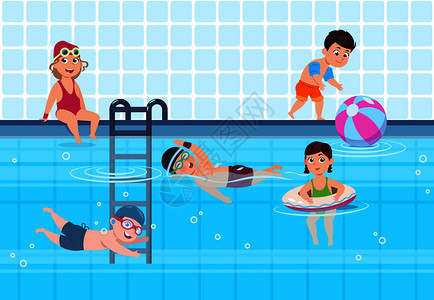 夏季游泳池中游泳的男女儿童图片