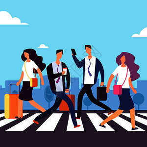 女孩行李箱城市里斑马线上行走的上班族插画