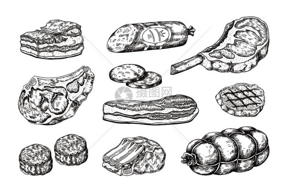 鲜肉牛排古老的食品草图配有肉类产品火腿培根羊排和牛肉矢量图解手绘生的切烤菜单肉牛排古老的食品草图配有肉类产品火腿培根肋和牛肉排图片