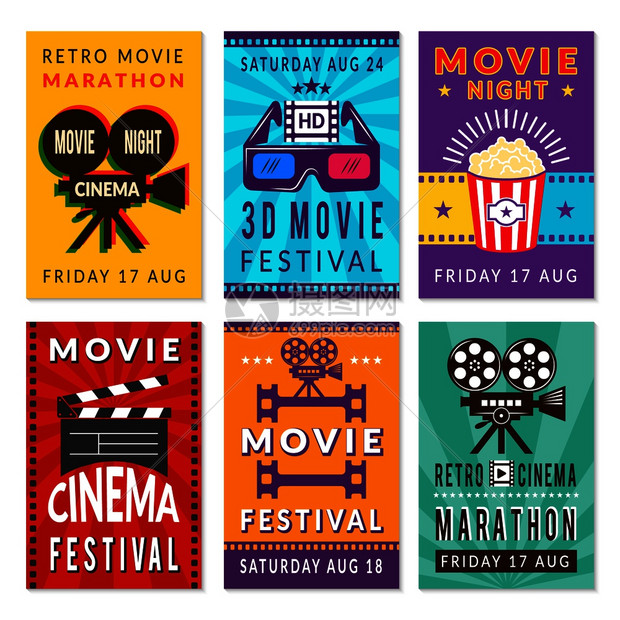电影卡模板各种电影卡的矢量设计横幅娱乐电影的插图图片