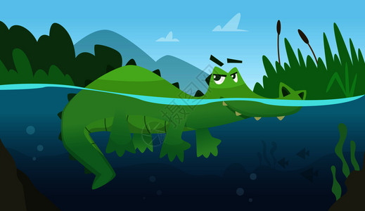 卡通鳄鱼在水中潜伏高清图片
