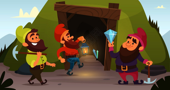 矿山中的小矮人捡到钻石扁平风卡通矢量插画图片素材