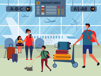 机场终点站的字符快乐旅行者的矢量图快乐旅行者带李家庭男女属机场终点站的人物快乐旅行者矢量图图片