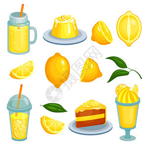 卡通风格柠檬派和果汁新鲜食品图片