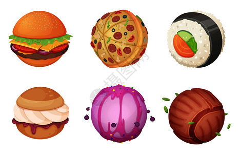 来自食物的行星来自糖果的太空来自糖果的甜食汉堡厨房的幻想奇异漫画世界配有ufo矢量图片收集食物星球汉堡世界和卷寿司插图来自食物的图片
