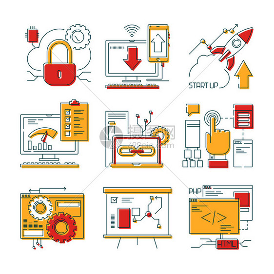 网络在线工具移动和网络开发数字代码和设计矢量开发网站和络编码管理软件插图网站线标图片