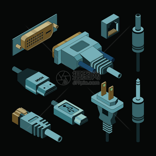 插座连接vga牵线视频电缆源usb港口套座适配器矢量测插座连接电缆插座适配器矢量测viga港口套座适配器矢量测图片