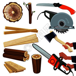 木材与伐木工具扁平风卡通矢量插画图片