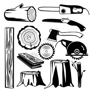 黑白木材和伐木工具卡通矢量插画图片