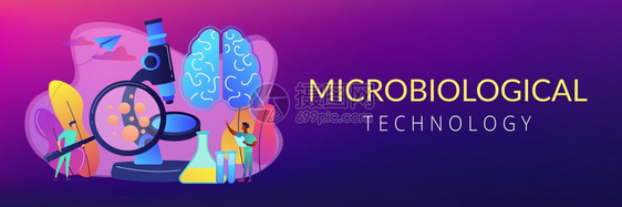 微型科学家通过放大器研究微生物技术医学微生物技术科概念带有复制空间的页眉或脚标语模板微生物技术概念标语图片