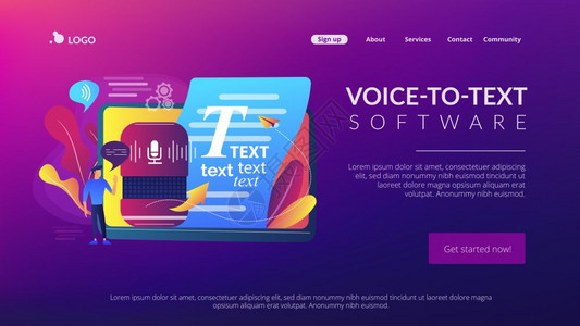 语音到文本应用程序语音识别应用程序语音转换为文本多语言音识别器到文本软件概念网站主页登陆模板背景图片