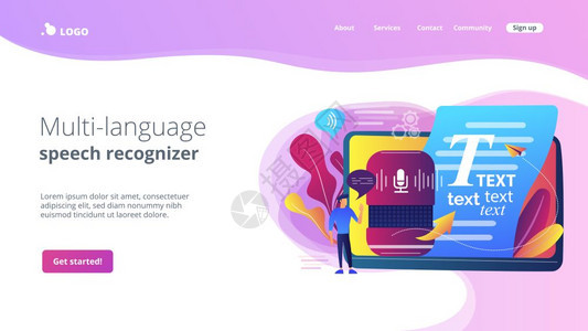语音到文本应用程序语音识别应用程序语音转换为文本多语言音识别器到文本软件概念网站主页登陆模板背景图片