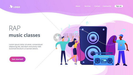 音乐演讲人和在会跳舞的极小人手持麦克风的嘻哈歌手音乐舞派对饶舌音乐班概念网站主页登陆模板嘻哈音乐概念着陆网页图片