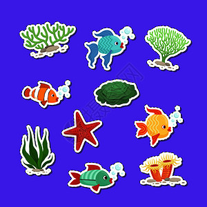 矢量卡通水下生物和海藻贴纸插图图片