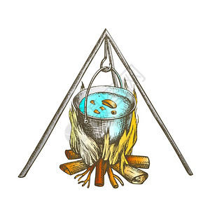 快烧烧树柴火用于烹饪汤旅游晚宴热温控制火灾用变式彩色图解设计的