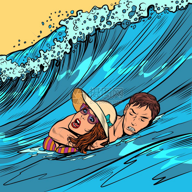 波普风矢量海滩救生员拯救溺水妇女插画图片下载-正版图片302367412