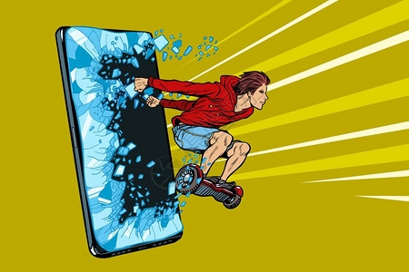 商业青年年轻人冲出手机屏幕插画