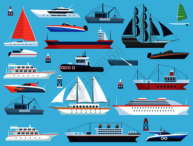 运输 码头港口船只海上快艇和帆船航行快艇插画