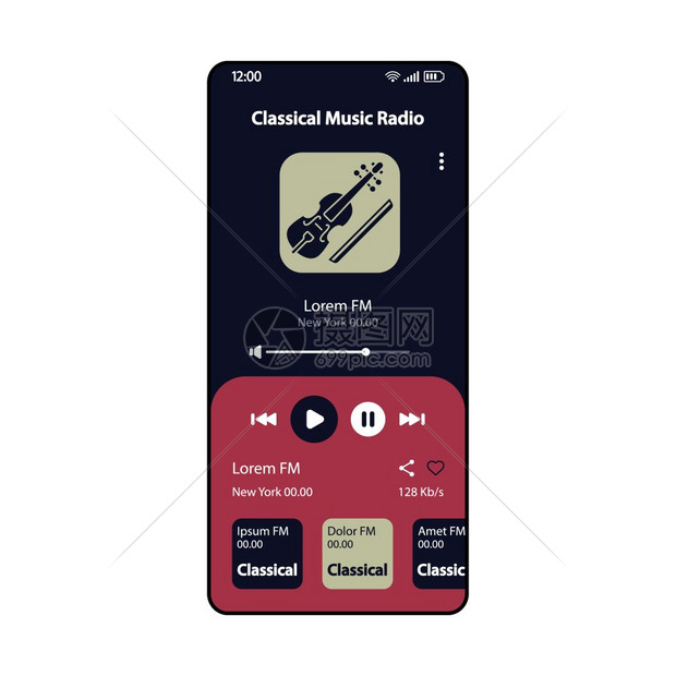 古典音乐fm无线电智能手机界面矢量模板移动应用程序页面反向设计布局在线音乐播放器屏幕专辑播放列表用于应程序的平式ui电话显示图片