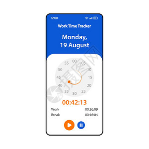 智能手机界面矢量模板移动工作小时跟踪应用程序页面布局雇员时间跟踪器部件屏幕应用程序平板ui时间跟踪软件电话显示图片