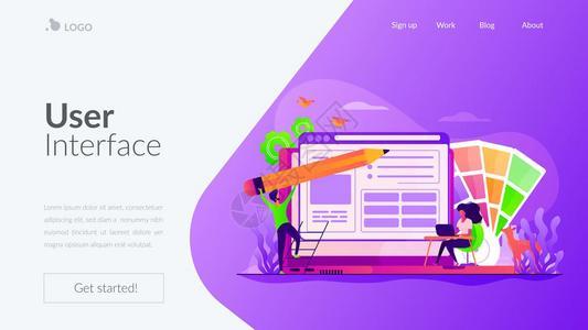 设计师团队与笔记本电脑合作创建应用程序网络设计用户界面经验概念网站主页头登陆网模板设计着陆模板图片