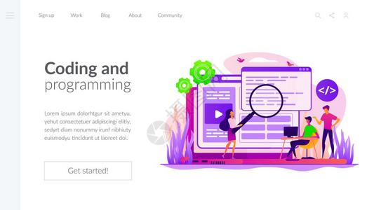 网络设计师和编程员团队网络设计师创建内容的字符前端开发器网站界面编码和程概念图片