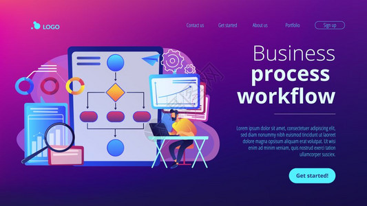 在膝上型电脑从事自动化流程分析的员业务流程自动化业务流程工作自动化业务系统概念网站充满活力的紫外线着陆网页模板业务流程自动化bp图片