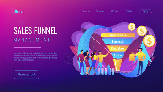 销售漏斗阶段陶艺客户买家销售漏斗管理客户旅程代表销售漏斗阶段概念活跃的紫外线着陆网页模板站销售漏斗管理概念登陆页面图片