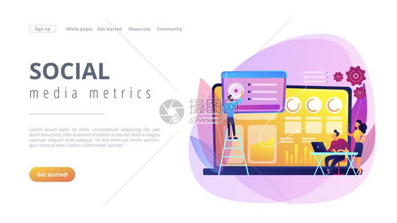 社交媒体专家管理大型笔记本电脑上的多个账户社交媒体仪表板在线营销界面社交媒体衡量标准概念网站充满活力的紫罗兰登陆网页模板社交媒体图片