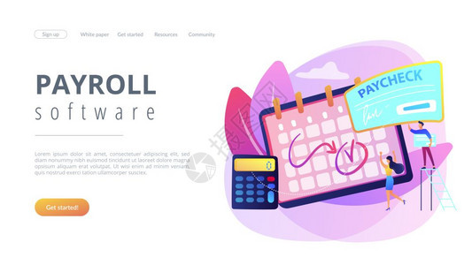 收费日历计算器和微小的商人获得工资支票现金税存款单软件概念网站充满活力的紫外线着陆网页模板工资支票概念登陆页面图片