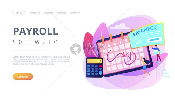 收费日历计算器和微小的商人获得工资支票现金税存款单软件概念网站充满活力的紫外线着陆网页模板工资支票概念登陆页面图片