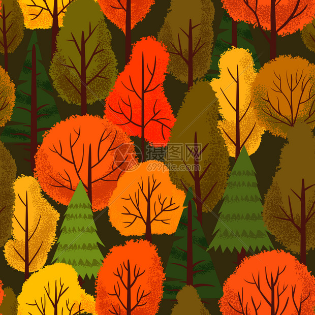 秋叶树林卡通矢量图图片