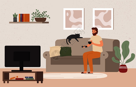 年轻人观看电视茶节目在沙发上过周末舒适地在家公寓休息成年男人物观看视频道矢量插图看电视节目在沙发矢量插图上过周末在沙发矢量插图上图片